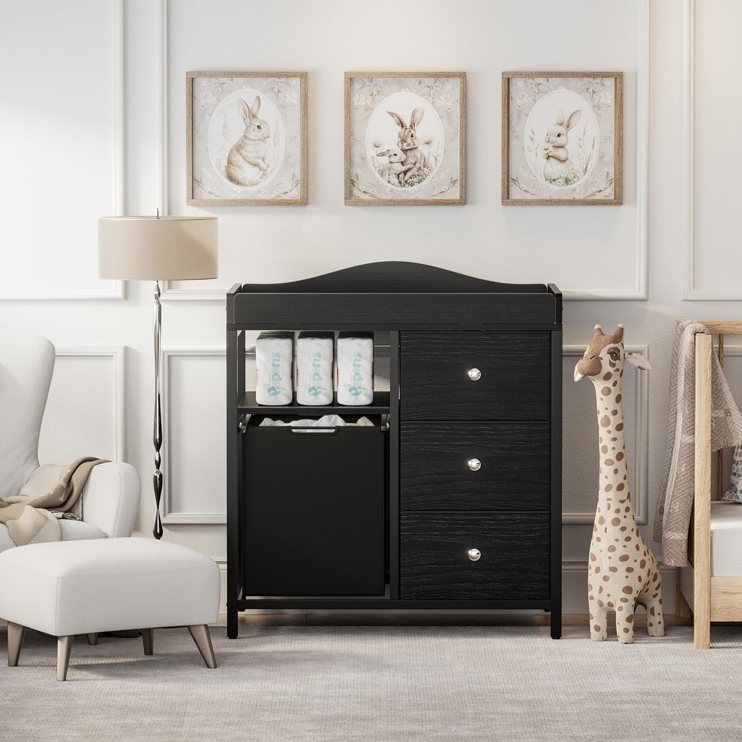 BOLUO Black Changing Table Dresser with 3 Fabric Drawers and Hamper, Baby Dresser with Changing Table Top, Nursery Diaper Changing Station with Storage Shelf Modern