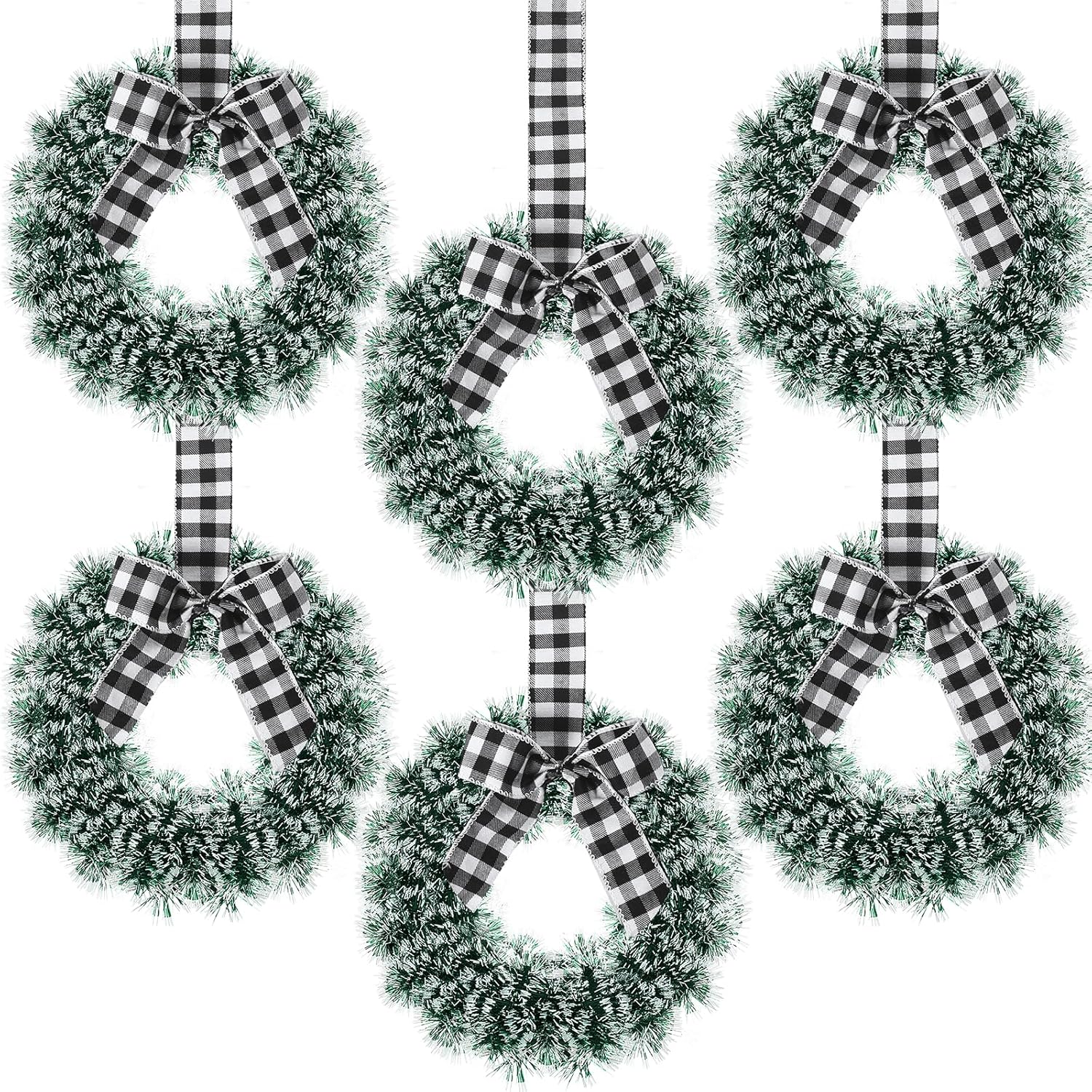Capoda 6 Pcs Christmas Wreaths with Bow 10.24 Inch Buffalo Plaid Tinsel Wreaths Crafts for Front Door Outdoor Kitchen Cabinet Home Window Wall Xmas Hanging Decorations(Black and White)