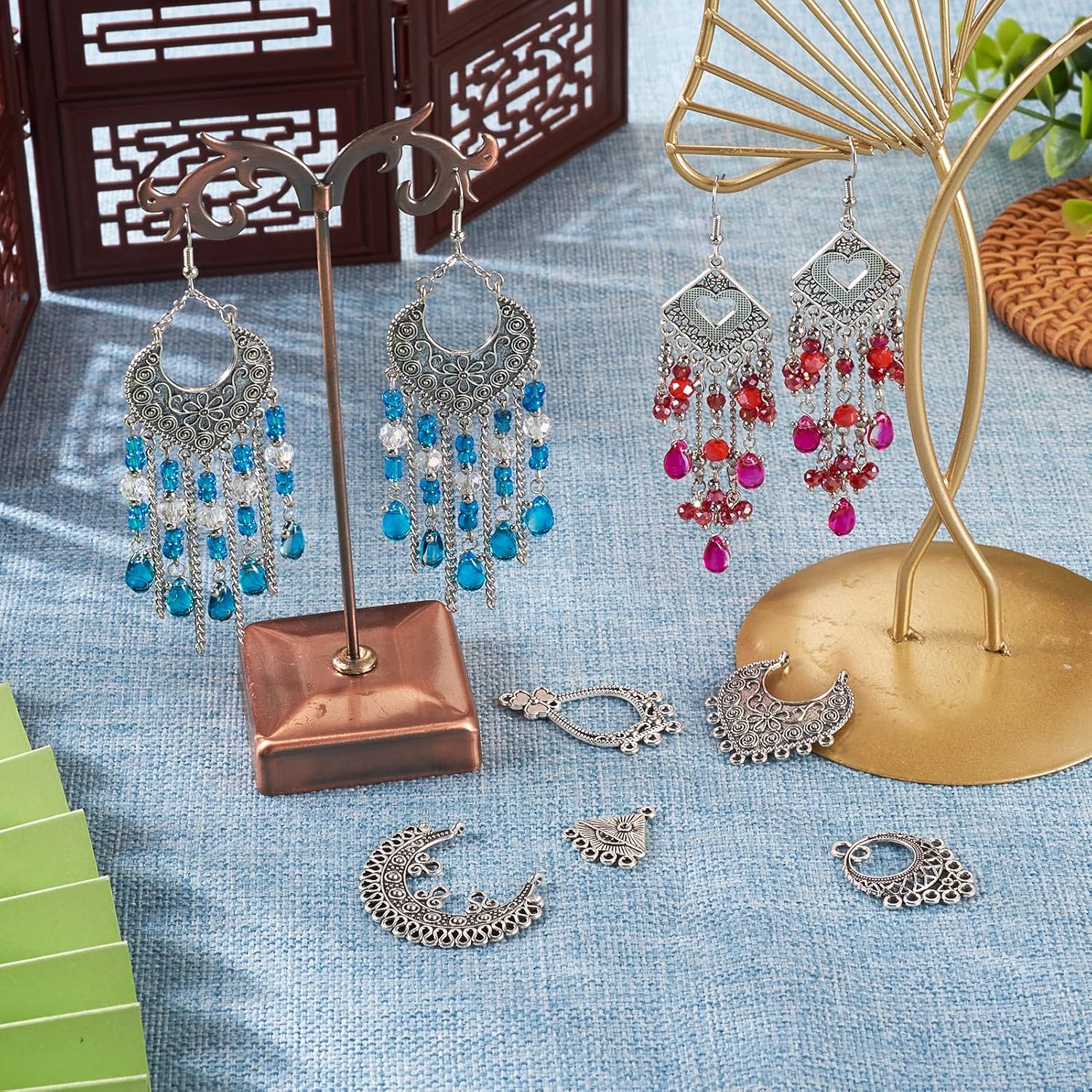 Pandahall 56Pcs Tibetan Style Hollow Filigree Alloy Chandelier Component Charms Links Antique Silver Round Teardrop Rhombus Dangle Earring Pendants Multi-Loop Findings for Women Men Jewelry Making - Image 2