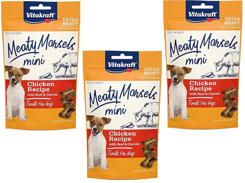 Petisco macio para cães Vitakraft Mini Meaty Morsels sabor frango com carne bovina e cenoura, 3 pacotes de 48 g