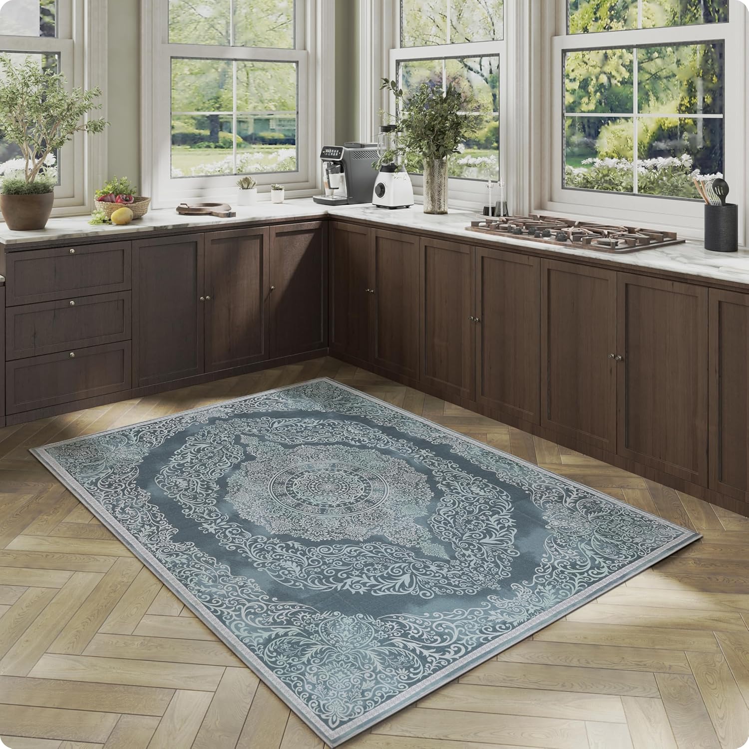 5x7 Area Rug - Low Pile Firm Farmhouse Area Rug, Machine Washable Non-Slip Durable Carpet for High Traffic Living Room Bedroom Dining Room Green Gray