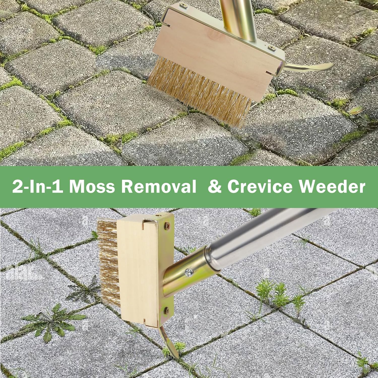 Crack Weeder 2025 Version, Moss Remover Tool, Manual Crevice Weeding Tool, Weed Puller Grout Brush with Long Handle for Deck, Paver, Patio, Walkway, Driveway - 2 Weed Brush Heads