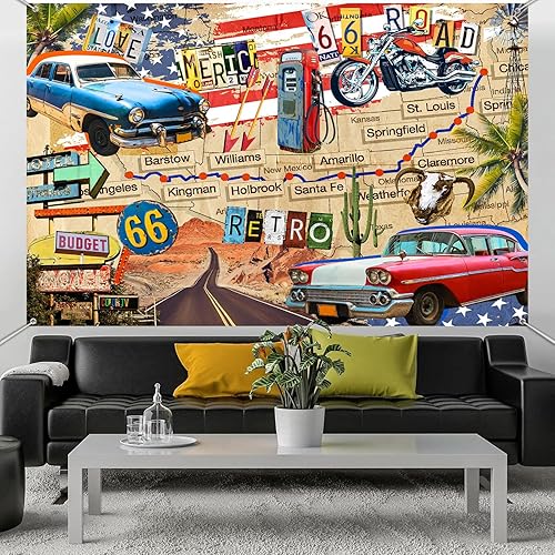 Miniatura 5 de HANYING Telón de fondo vintage de ruta 66, motocicleta clásica para automóvil, estación de servicio, mapa de ruta, fotografía, fondo retro, fiesta