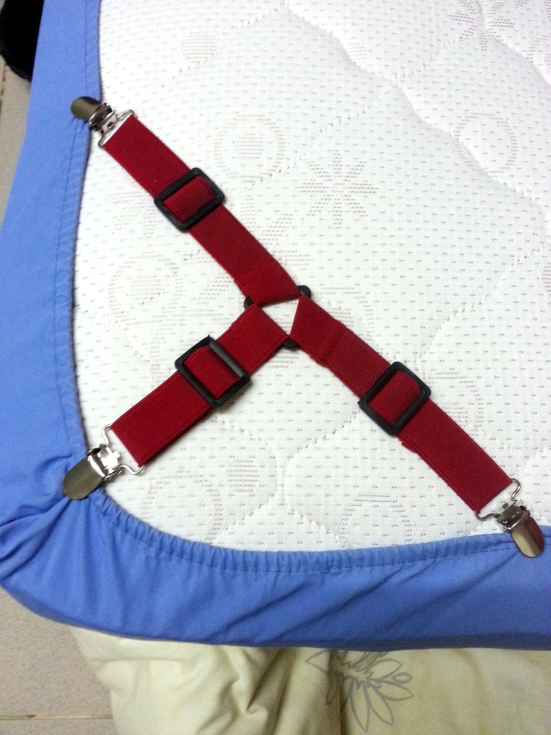 Bed Suspender Gripper/Strap/Holder/Fastener for Your Bed. Triangle Model. (Red). Patent Pending.