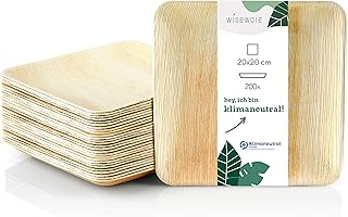 Wiseware Palmblatt Teller – 200 Stück Einwegteller quadratisch 20 x 20 cm – biologisch abbaubares Palmblattgeschirr – kompostierbares Einmalgeschirr für Party, Hochzeit, Buffet – Bio Einweggeschirr