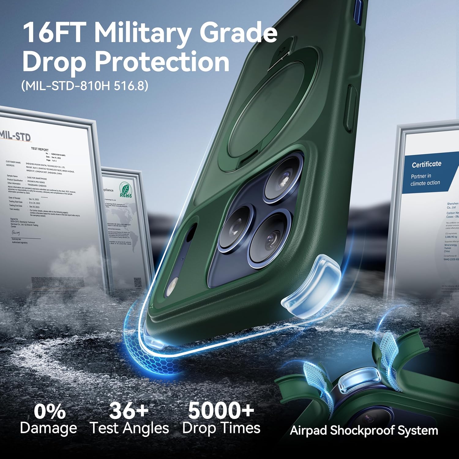 CASEKOO Ultra-Magnetic Stand for iPhone 17 Pro Case [Military Drop Protection] [Compatible with MagSafe] Shockproof Translucent Matte Slim Ring Holder Case for iPhone 17 pro 6.3", Green - Image 5