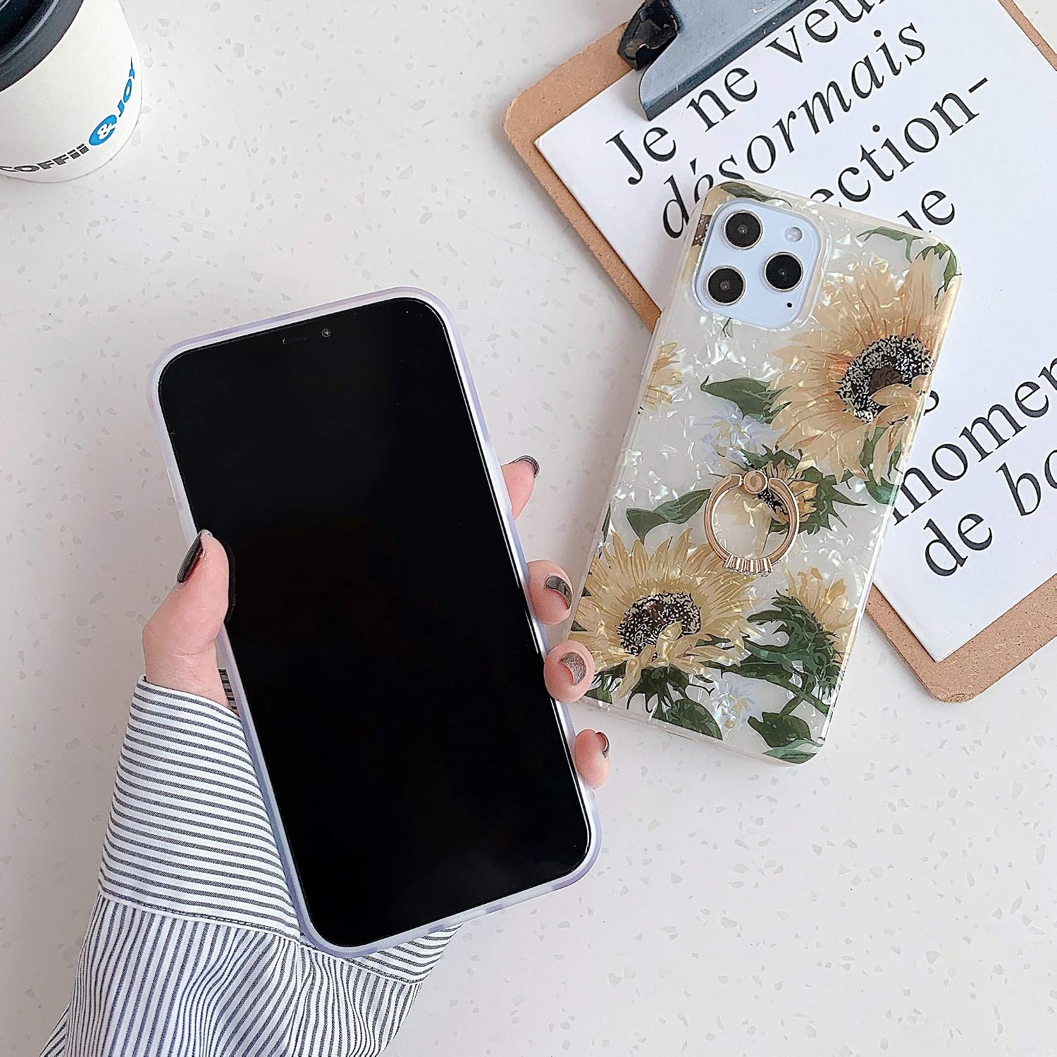 Qokey Compatible with iPhone 12 Pro Max 6.7 inch 2020 Flower Case Cute Fashion Design for Men Women Girls with 360 Degree Rotating Ring Kickstand Soft TPU Shockproof Cover Sunflower Clear