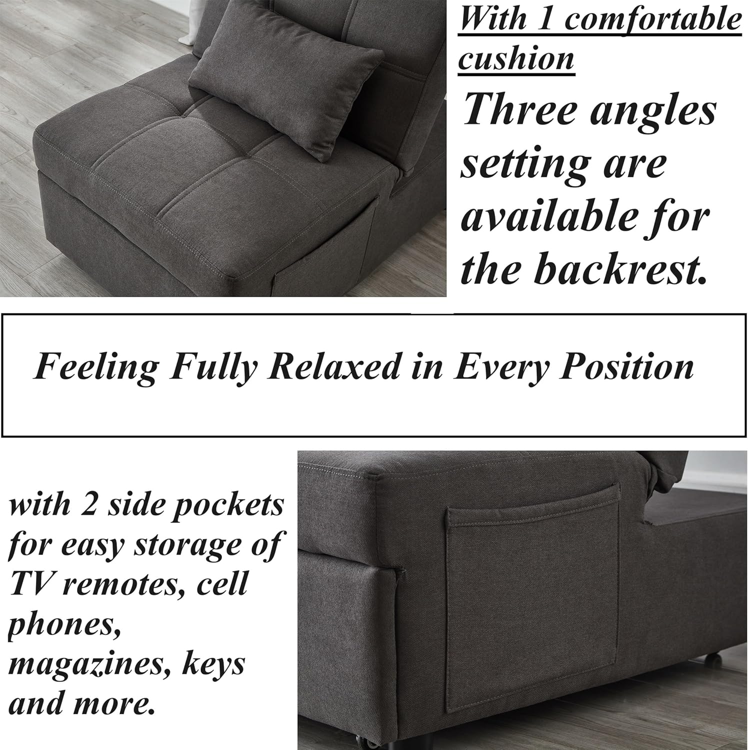 4 in 1 Ottoman Bed Sleeper Chair, Convertible Chair Bed Adjustable Backrest Pullout Sofa Bed, Durable Linen Fabric Chaise Lounge, with 1 Pillow, for Home Living Room (Grey)