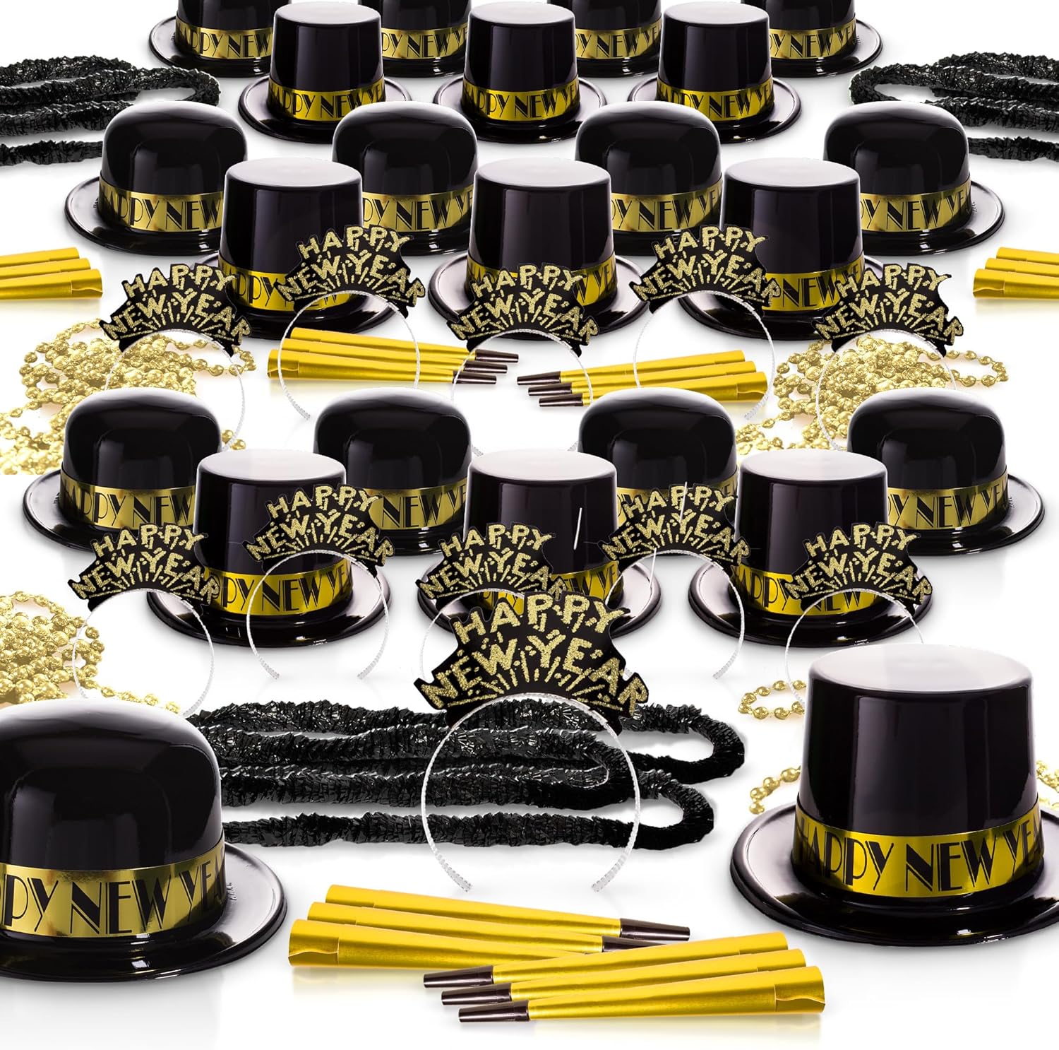 Black and Gold 100 Guest 2026 New Years Eve Party Supplies in Bulk 250 Pieces Top Hats Tiaras Bead Necklace Noise Makers Decorations Happy New Year Decorations Party Favors