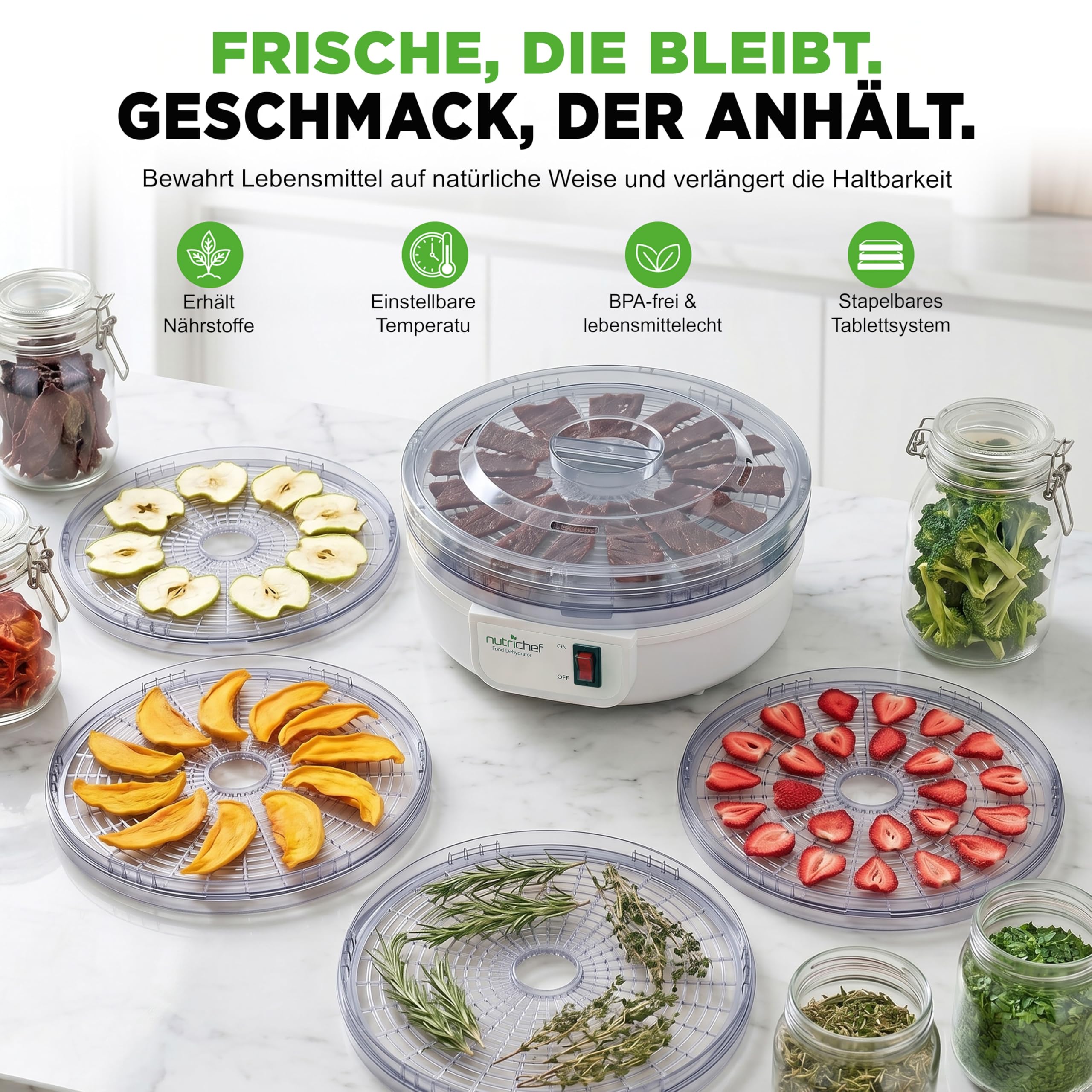 Nutrichef Dörrautomat 5 Einschübe – Milchweiß BPA-freies Dörrgerät für Fleisch, Obst, Pilze & Gemüse, 82°C einstellbar, 600W Leistung, leise und leicht zu reinigen