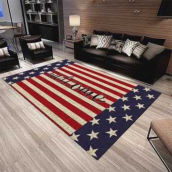 Welcome Mats, 3x5ft, USA Flag Print Design Carpet with Star and Red White Stripes on Blue Background, Independence Day Area Rug, Large Area Foldable Floor Mat for Study Kitchen Office