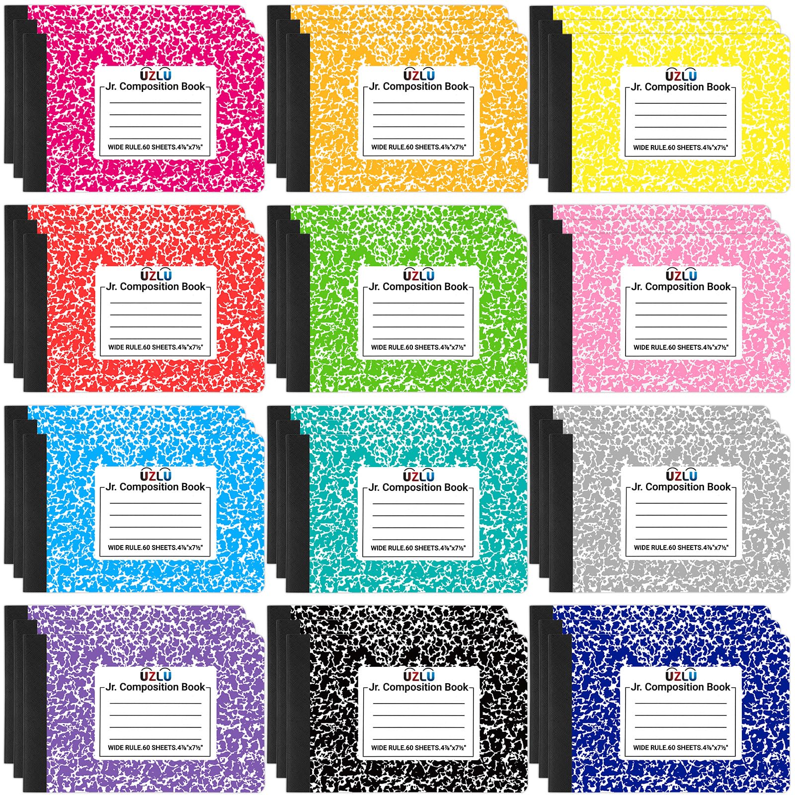 Confezione da 36 quaderni di composizione a righe larghe 4-7/8 "x 19,1 cm, 60 fogli mini quaderni a 12 colori, piccola tasca in marmo, libri per studenti, università, ufficio, rientro a scuola