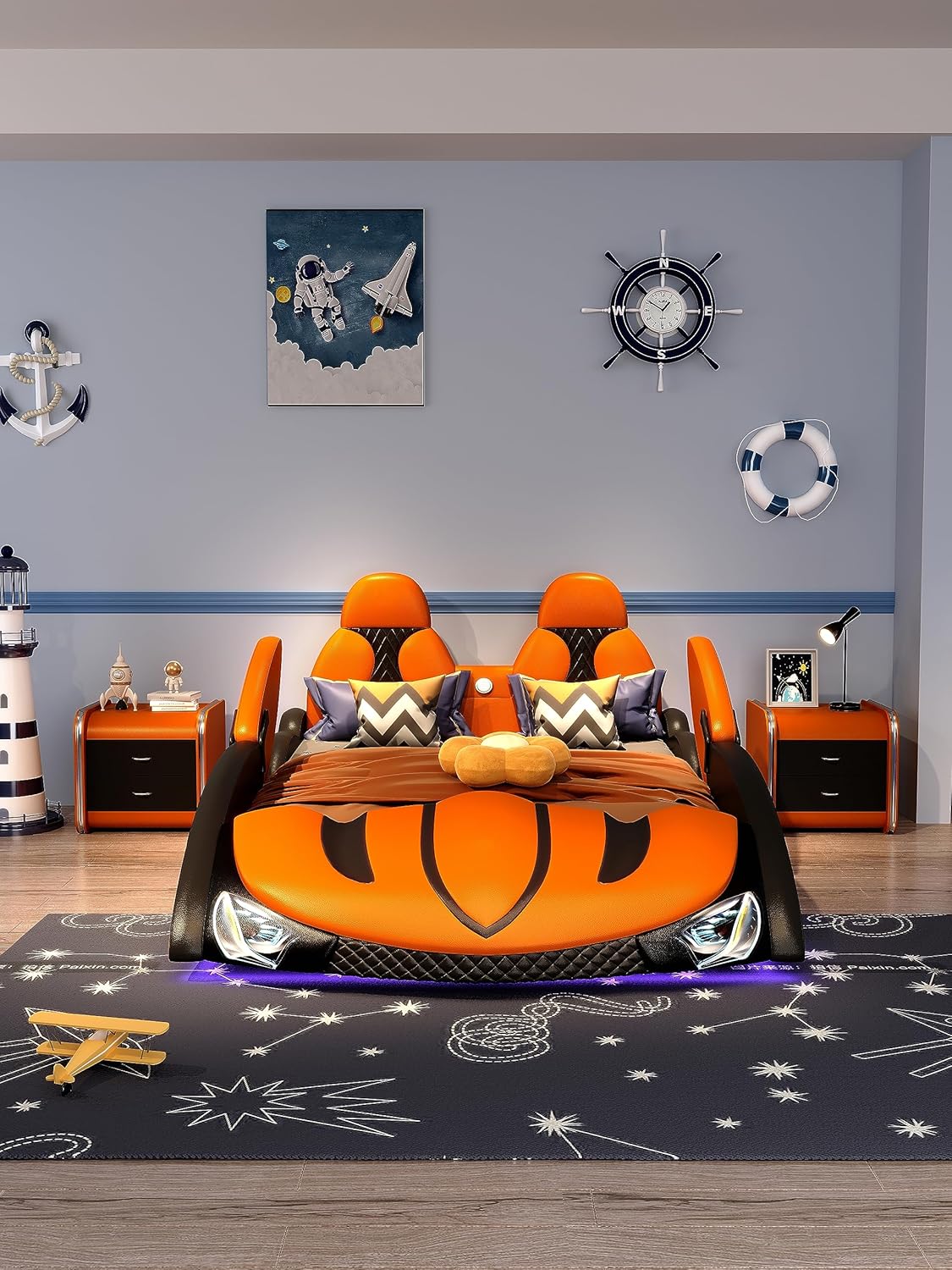 Bed, Sports car Design, Artificial Leather Material, Soft Bed Frame, with Storage Box, can be Separately Equipped with Queen Standard Mattress (Silvery)