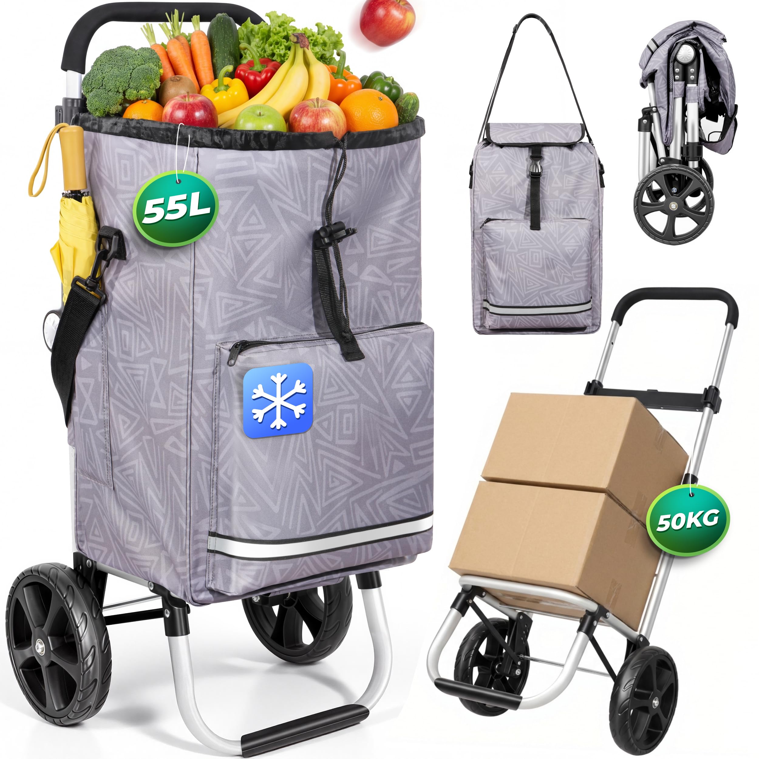 Homecall Einkaufstrolley klappbar Einkaufswagen mit 50L + 5L kühlfunktion Bis 50KG, Einkaufstasche mit Rollen 3 in 1 Shopping Trolley & Sackkarre & Umhängetasche (Geometrie-Print, Standard)