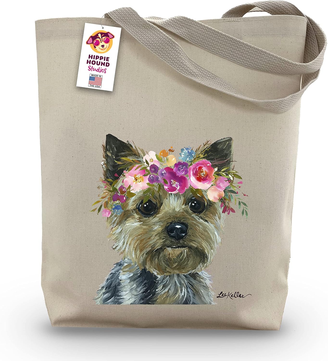 Yorkie Tote Bag - Gifts for Mom - Yorkie Lover Gift - Flower Crown yorkie Totes -Handmade Totes - Yorkie Canvas Totes - Cute Yorkshire Terrier Reusable Shopping Bag - Grocery Bag - Handbag - Beach Bag