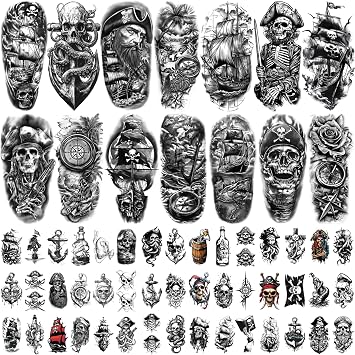 77 Sheets Temporary Tattoos for Adults and Kids - Realistic Fake Tattoo Pirate Skeleton Ship Captain Anchor Compass Black Tattoo Design for Men Women Boys and Girls