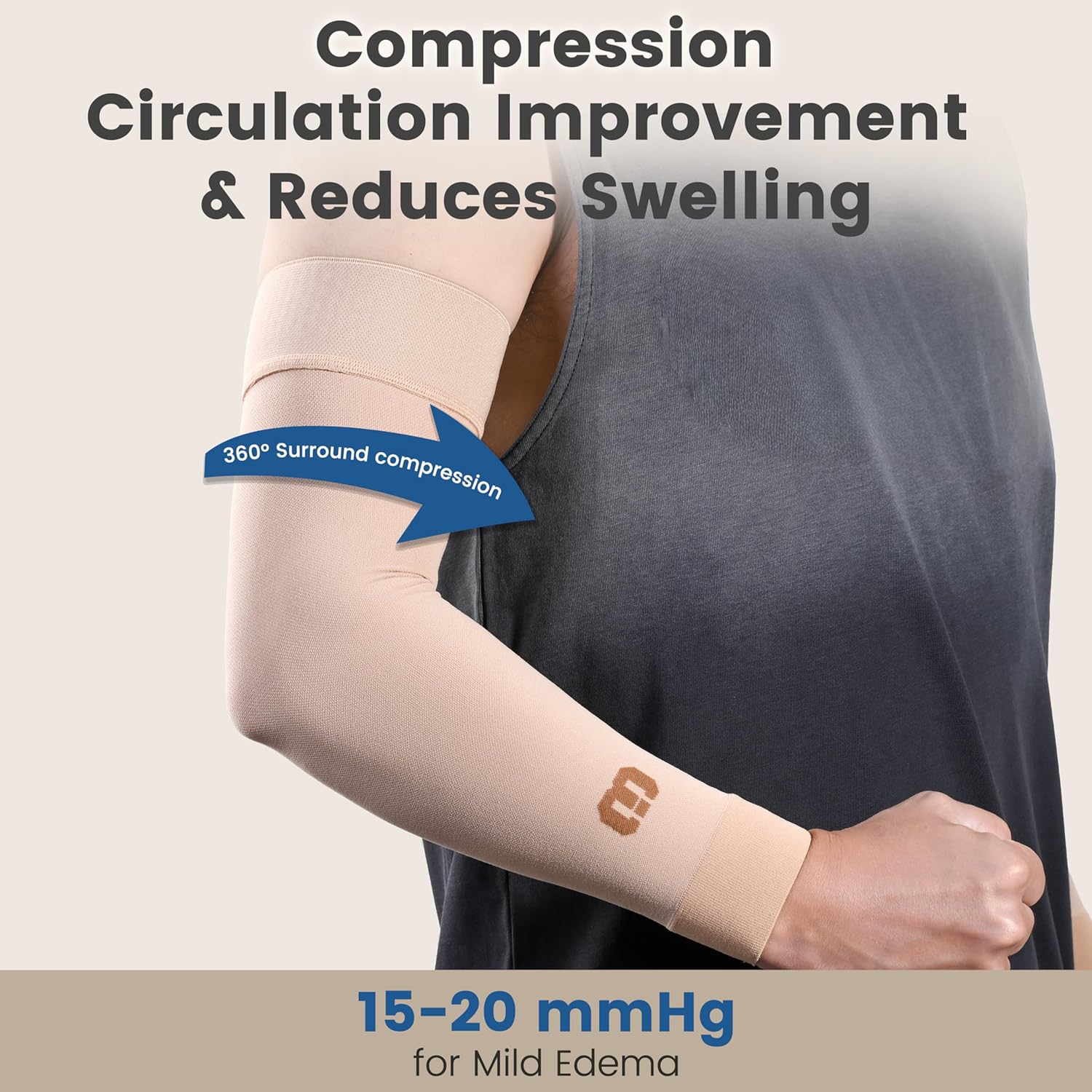 MGANG Lymphedema Compression Arm Sleeve for Women Men, Opaque, 15-20 mmHg Compression Full Arm Support with Silicone Band, Relieve Swelling, Edema, Post Surgery Recovery, Single Beige M