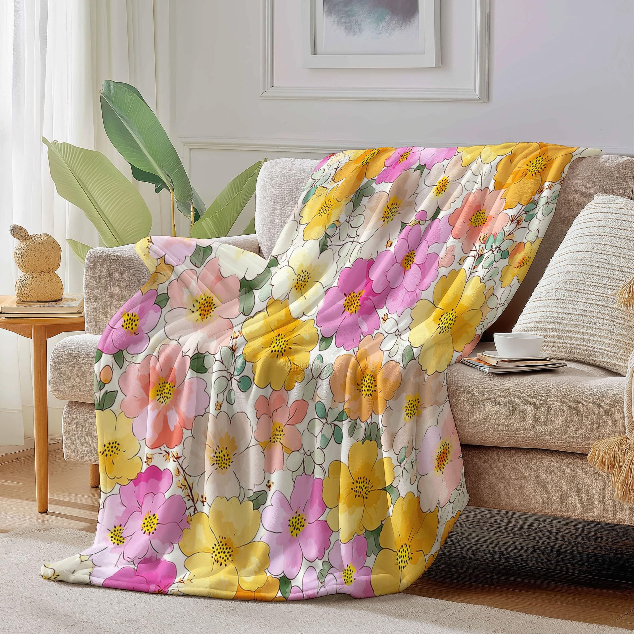Manta De Flores Pintadas A Mano, Manta Ligera De Forro Polar con Plantas Lindas para Niños Mujeres, Amarillo Claro Mantas De Franela Suaves, Sábana Cálida Adecuada para Invierno, 220X240Cm