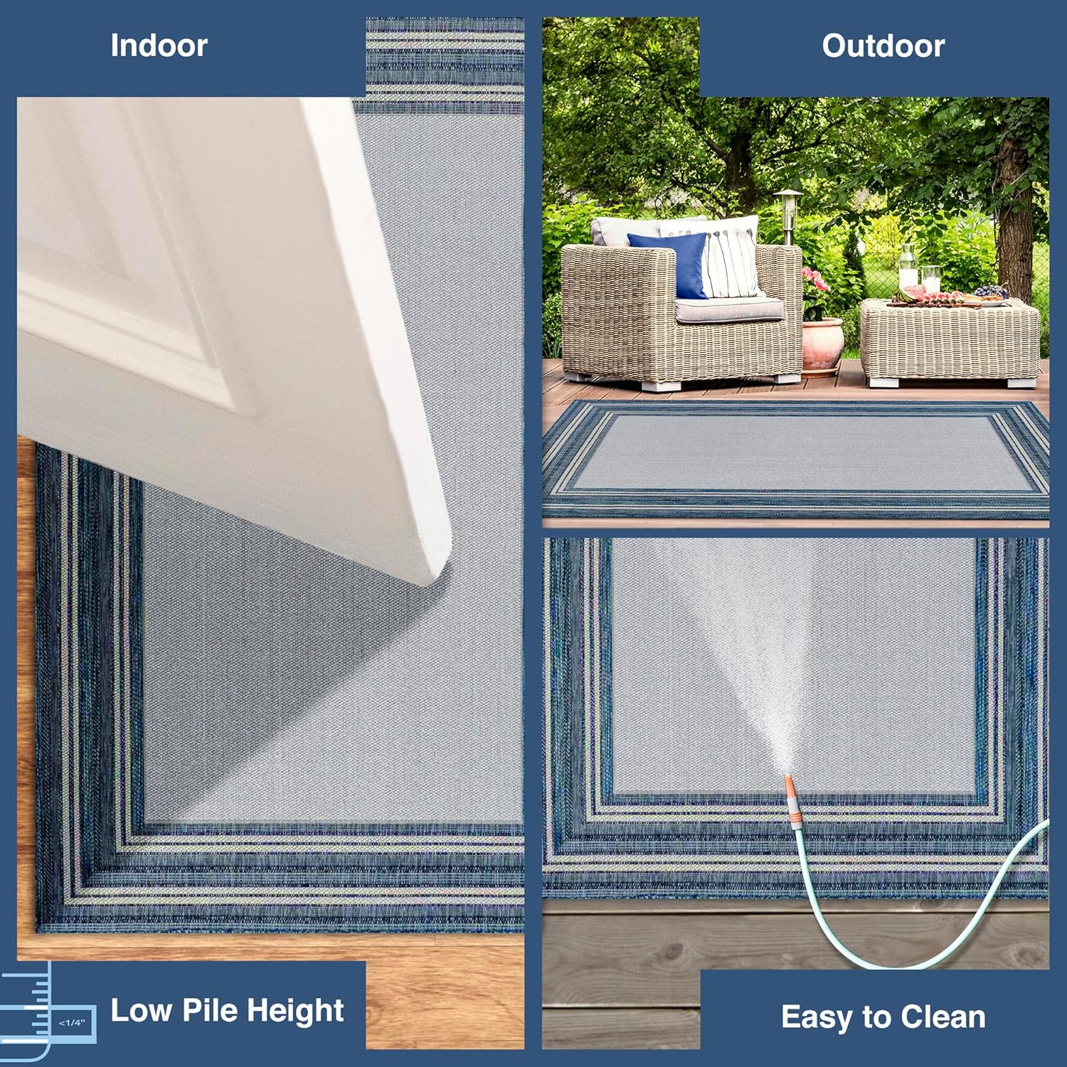 Liora Manne CARMEL Indoor/Outdoor Power Loomed Synthetic Blend Low Profile Area Rug - Transitional Border Global Colorful (Multi Border Navy) (3'3" x 4'11")