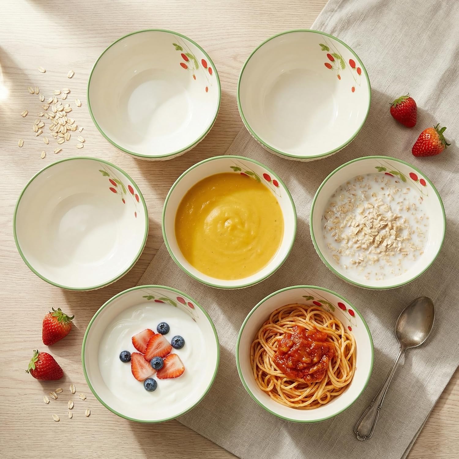 Soup Bowls Set of 6, 24.5oz Ceramic Cereal Bowls, 6 inch Embossed Strawberry Vine for Oatmeal Salad Rice Pasta, Microwave Dishwasher Safe, Vintage Farmhouse Kitchen Decor, Housewarming Gift