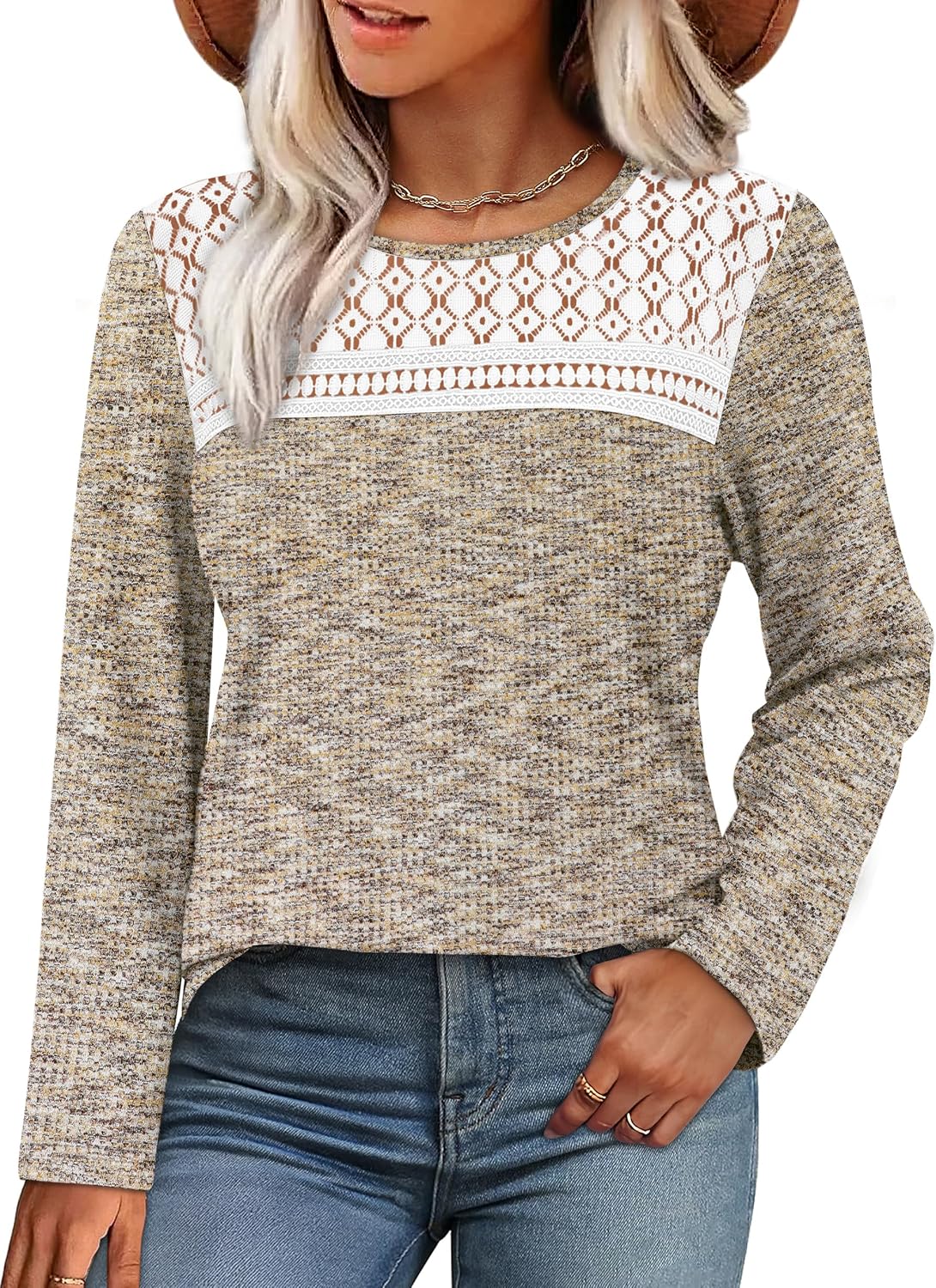 WIHOLL Womens Lace Long Sleeve Shirts Fall Tops Fashion Dressy Casual Lightweight Sweaters Mesh Clothes Trendy Waffle Knit image 2