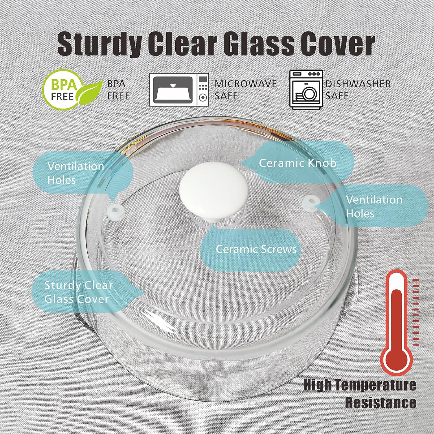 Glass Microwave Splatter Cover for Food Tall Microwave Cover with White Ceramic Knob 100% Food Safe 10 In Plate Splatter Guard Lid with Vent Hole BPA Free Dishwasher Safe