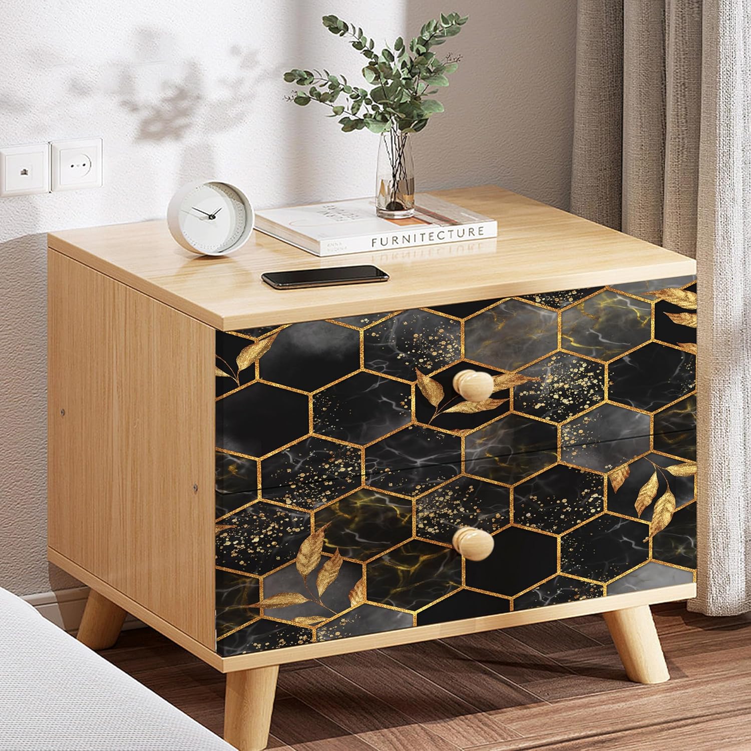 Black Gold Contact Paper,Peel and Stick Wallpaper Honeycomb Design Removable Wallpaper,Modern Luxury Decorative Contact Paper for Walls Furniture Covering Vinyl Rolls 17.7"x394"