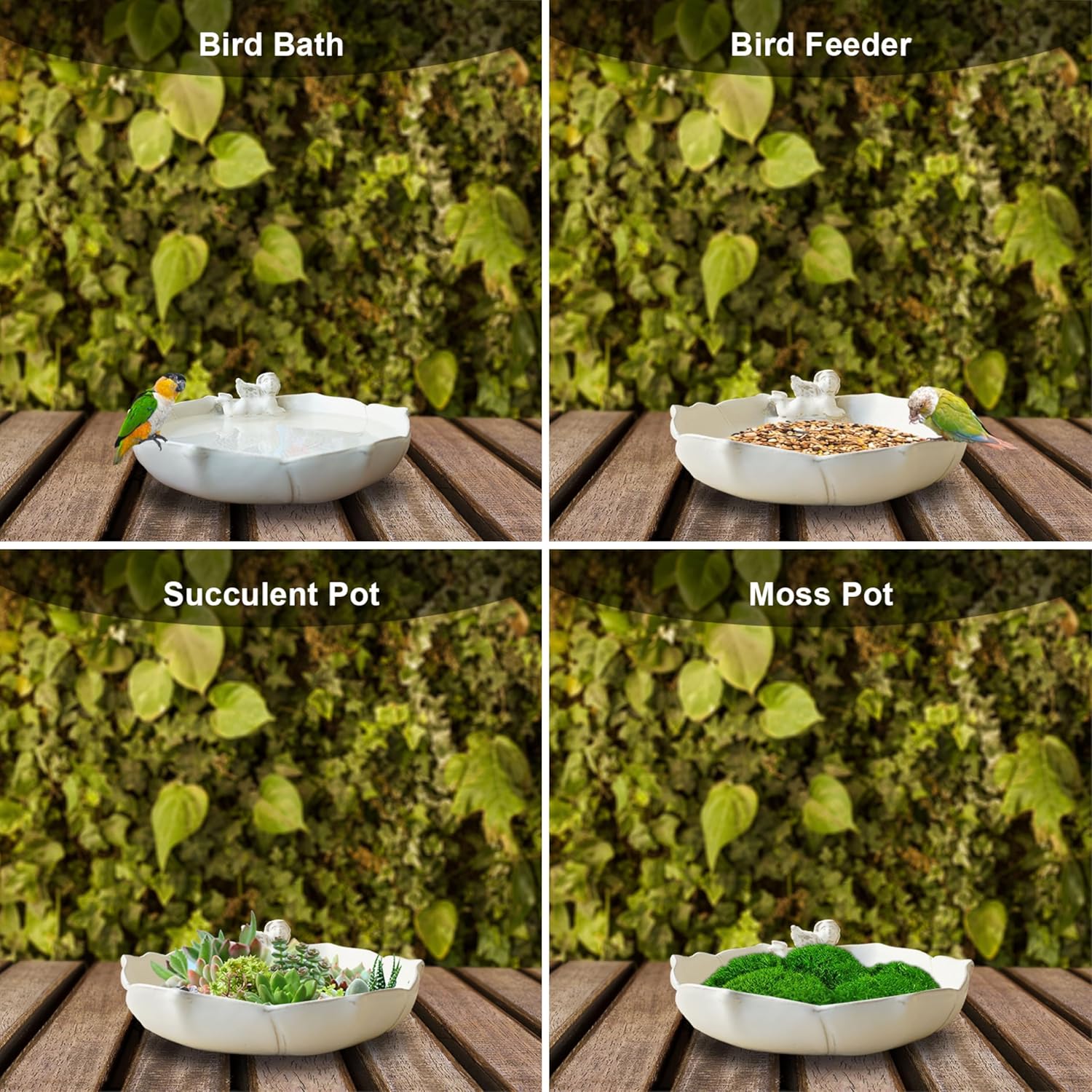 Beige White Angel Heavy Duty Ceramic Wild Bird Bath Bowl or Feeder for Outdoor Garden, Bowl Only