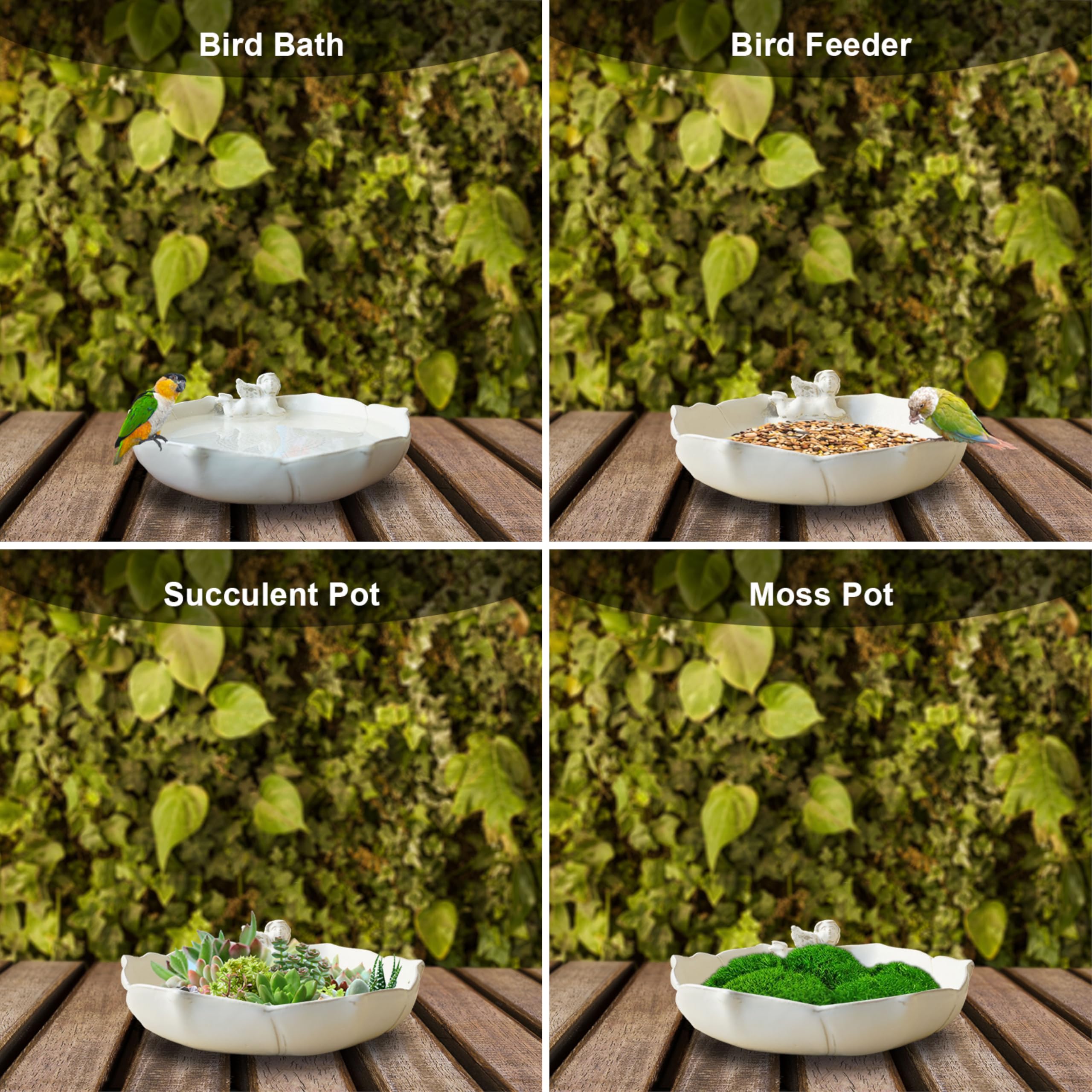 Keramik Vogeltränke & Futterspender - Engel Design Beige Weiß, Outdoor Garten Wildvogel Schale