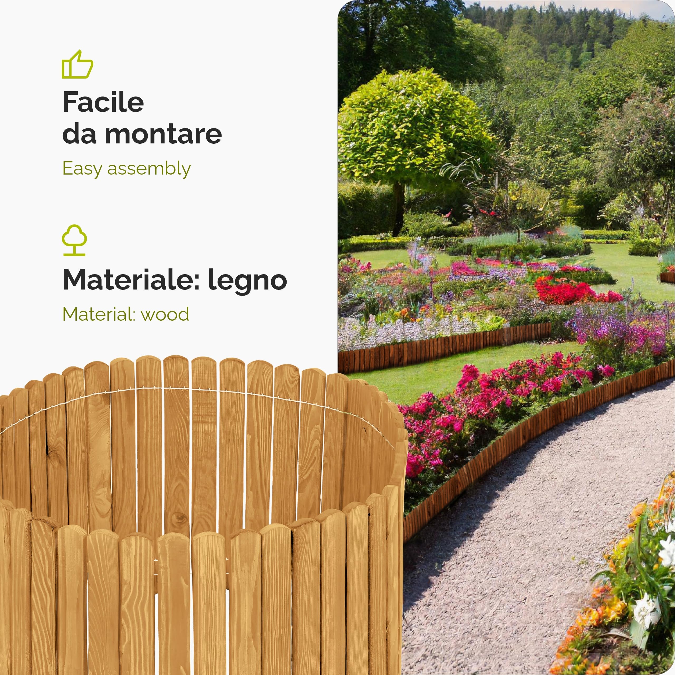 Garronda bordatura giardino bordura per aiuola staccionata in legno per giardino cordolo per aiuole Rollborder Recinzione Bassa Aiuola Lunghezza: 200 cm GD-0110 (Marrone chiaro, Altezza: 40 cm)