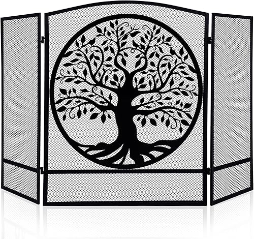 Pantalla para chimenea de cabina, malla de acero, cubierta de protección contra chispas, puerta de chimenea rústica de 3 paneles, chimenea plegable