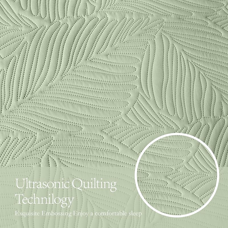 OARAGE King Quilt Bedding Set Lightweight Soft Sage Green Bedspread Coverlet with Leaf Pattern,Ultrasonic Microfiber Bed Cover Set for All Season 3 Pieces (1 Quilt, 2 Shams) image 6