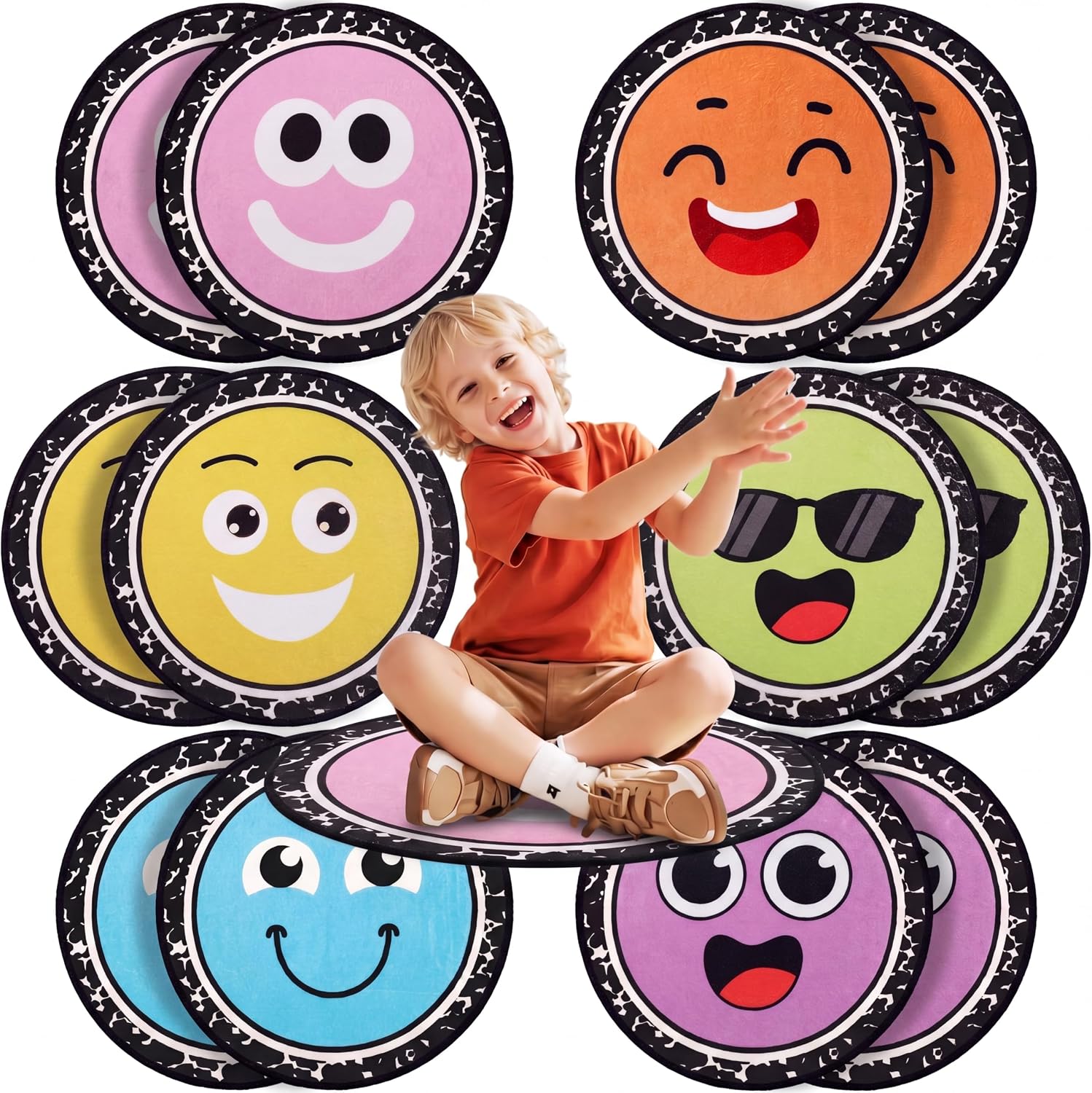 Dunzy 12 Pcs Flexible Seating Classroom Rug 15.7'' Expression Circle Carpet Seats Rug Classroom Rugs Cushions for Classrooms Back to School End of The Year Gift Preschool(12 Pcs)