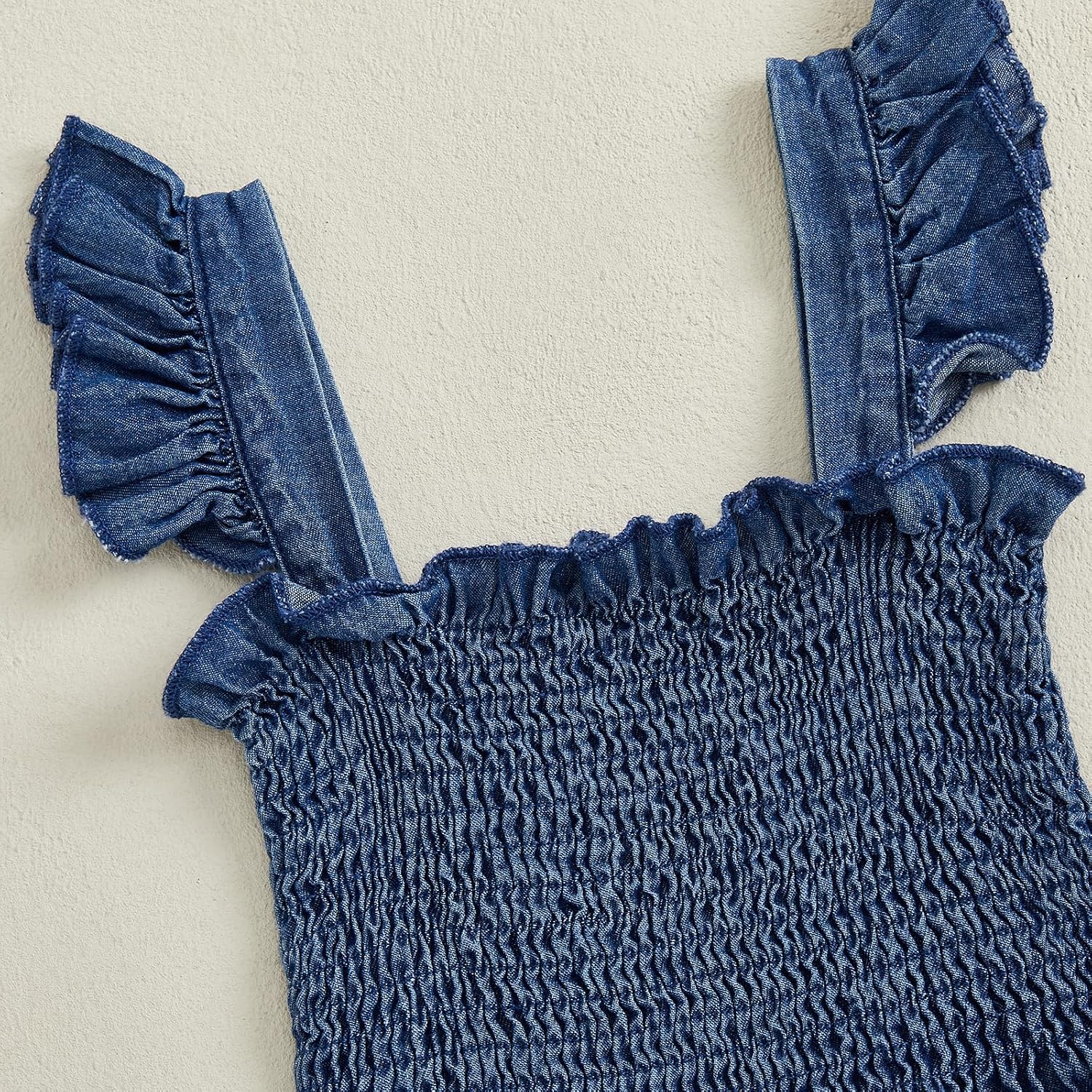 Gaono Baby Girl Denim Clothes Toddler Wide Leg Romper Sleeveless Ruffle Strap Smocked Bell Bottom Jean Overalls Jumpsuit