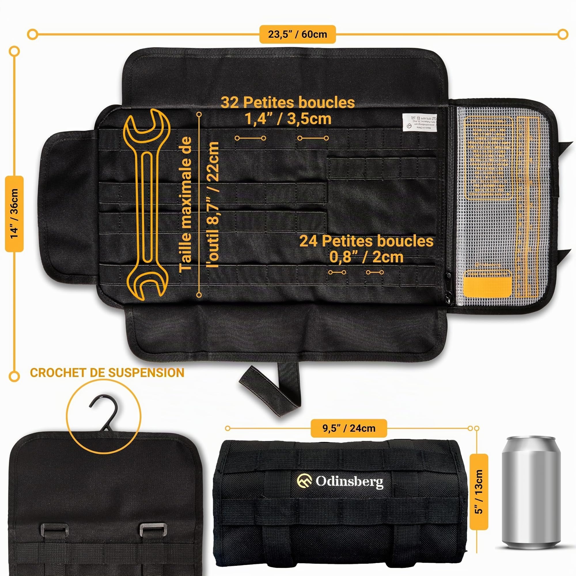 Odinsberg Sac à Outils Moto Enroulable - Outils NON inclus - Sacoche avec 56 élastiques, poche, système MOLLE et double fermeture pour protéger et organiser la trousse à outils