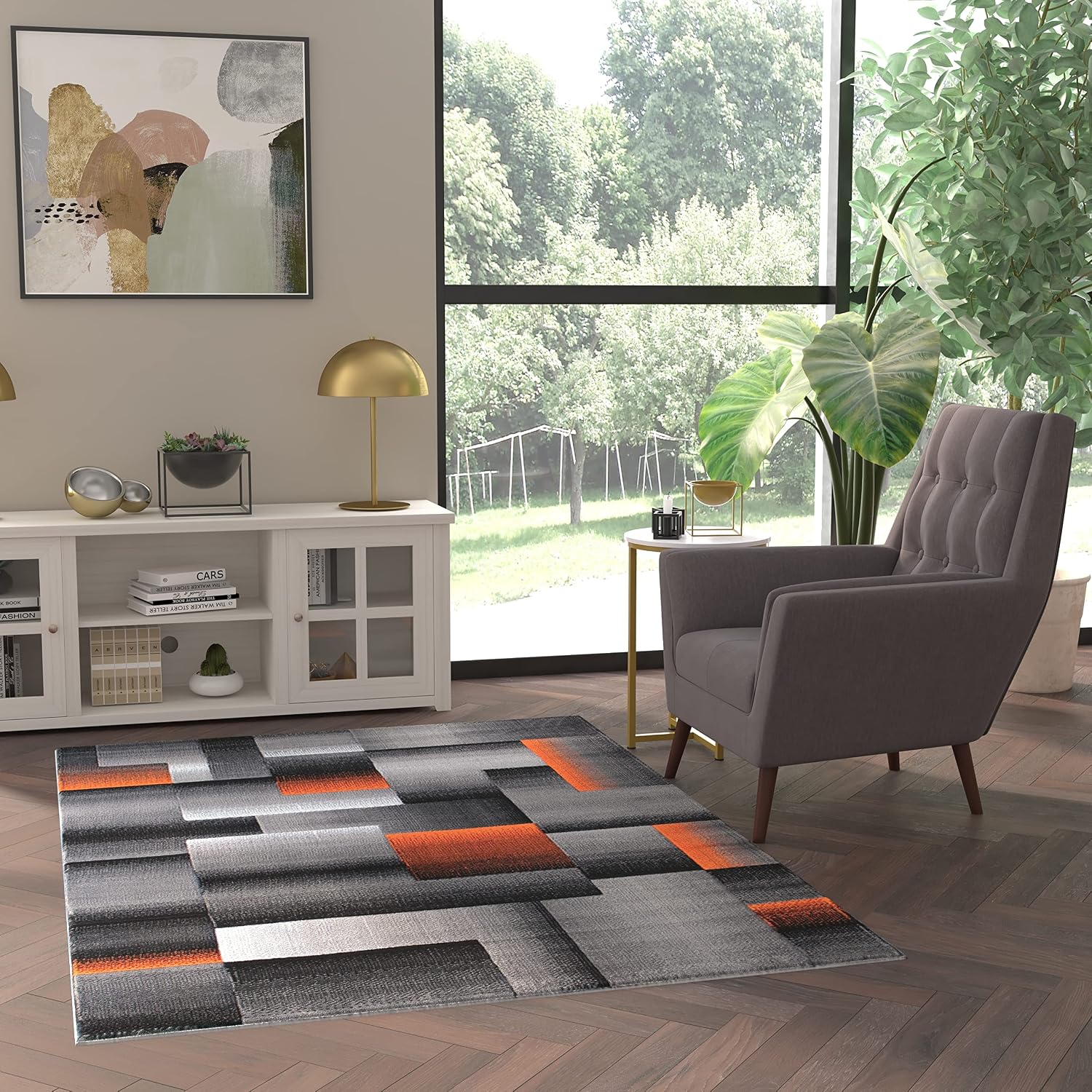 EMMA + OLIVER Olefin Accent Rug - Modern Cubist Pattern - Black and Gray Shades with Vibrant Turquoise Accents - 6x9 - Moisture & Stain Resistant