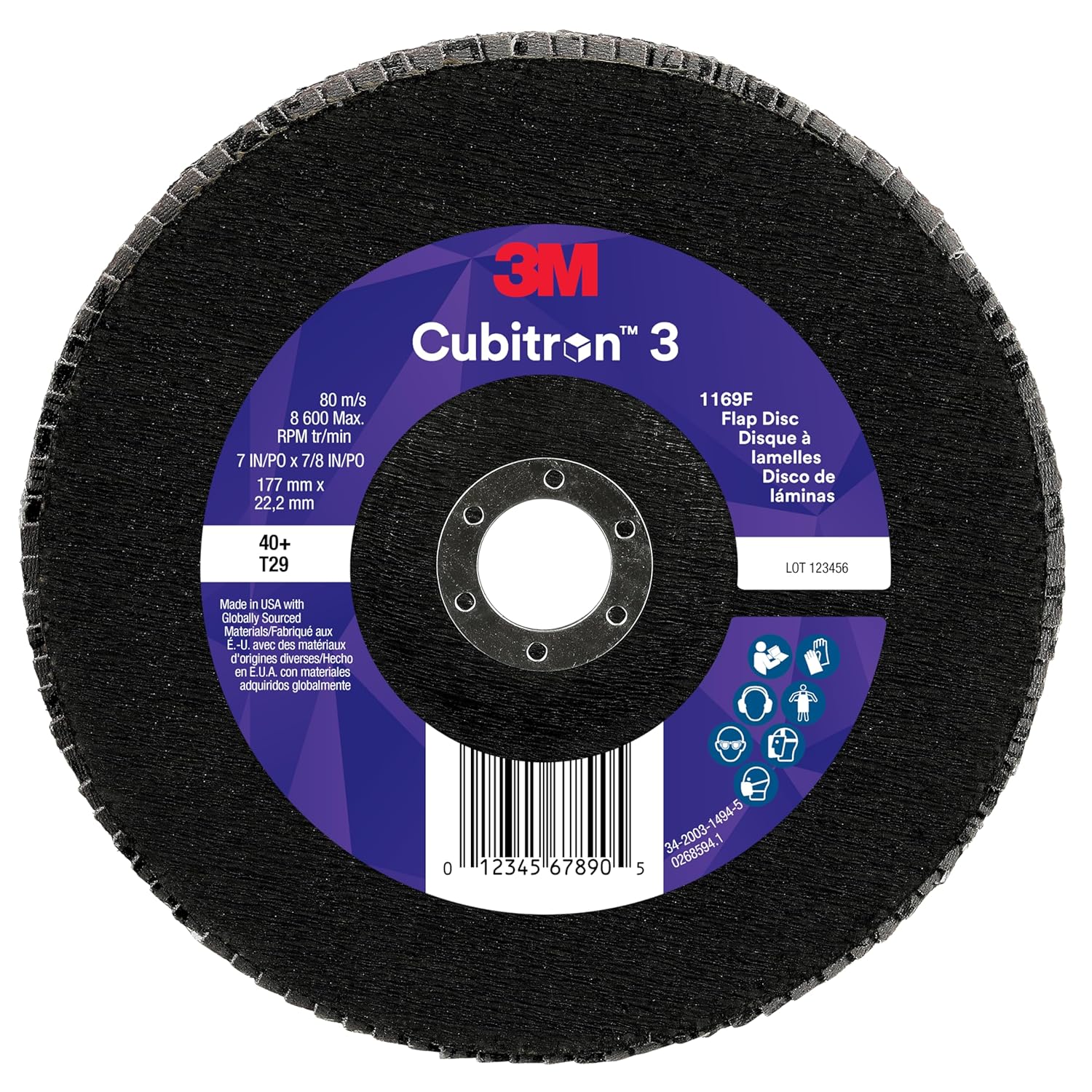 3M Cubitron 3 Flap Disc 1169F, 40+, T29-Conical, 7 in x 7/8 in, 5 ea/Case