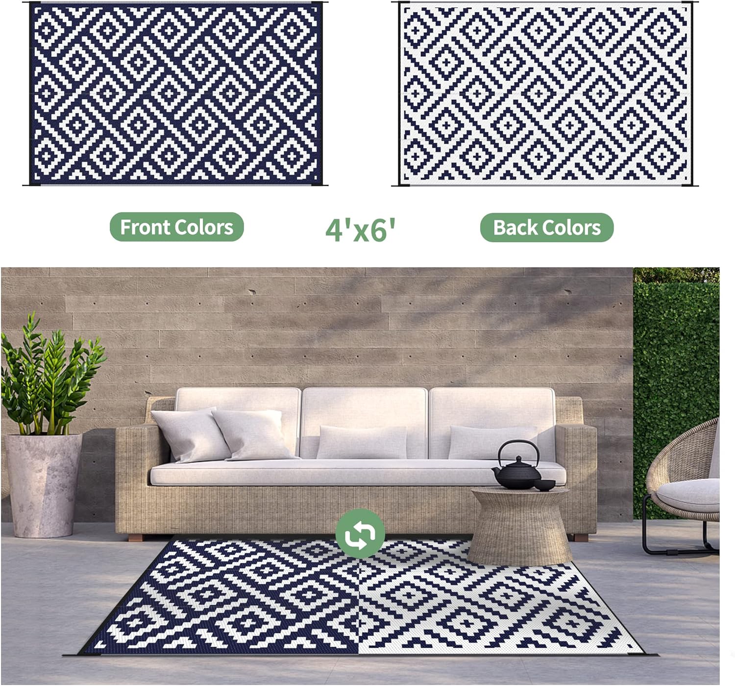 GENIMO Outdoor Rug 4x6 Waterproof, Reversible Mats, Outdoor Area Rug, Plastic Outside Carpet, Eeometric Rv Mat for Patio Camping Rv Picnic Backyard Deck Balcony Porch Beach Trailer(Navy Blue & White)