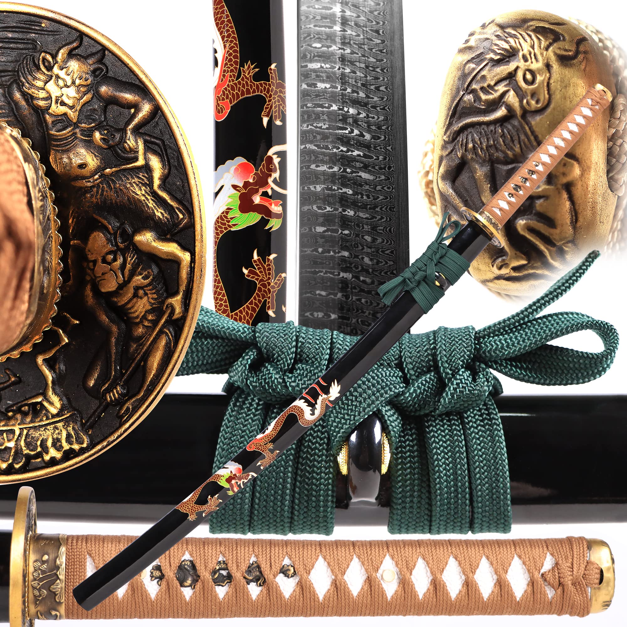 Pnber Authentic Samurai Sword Katana Damascus Knife High Hardness Razor Sharp Battle Ready Full Tang
