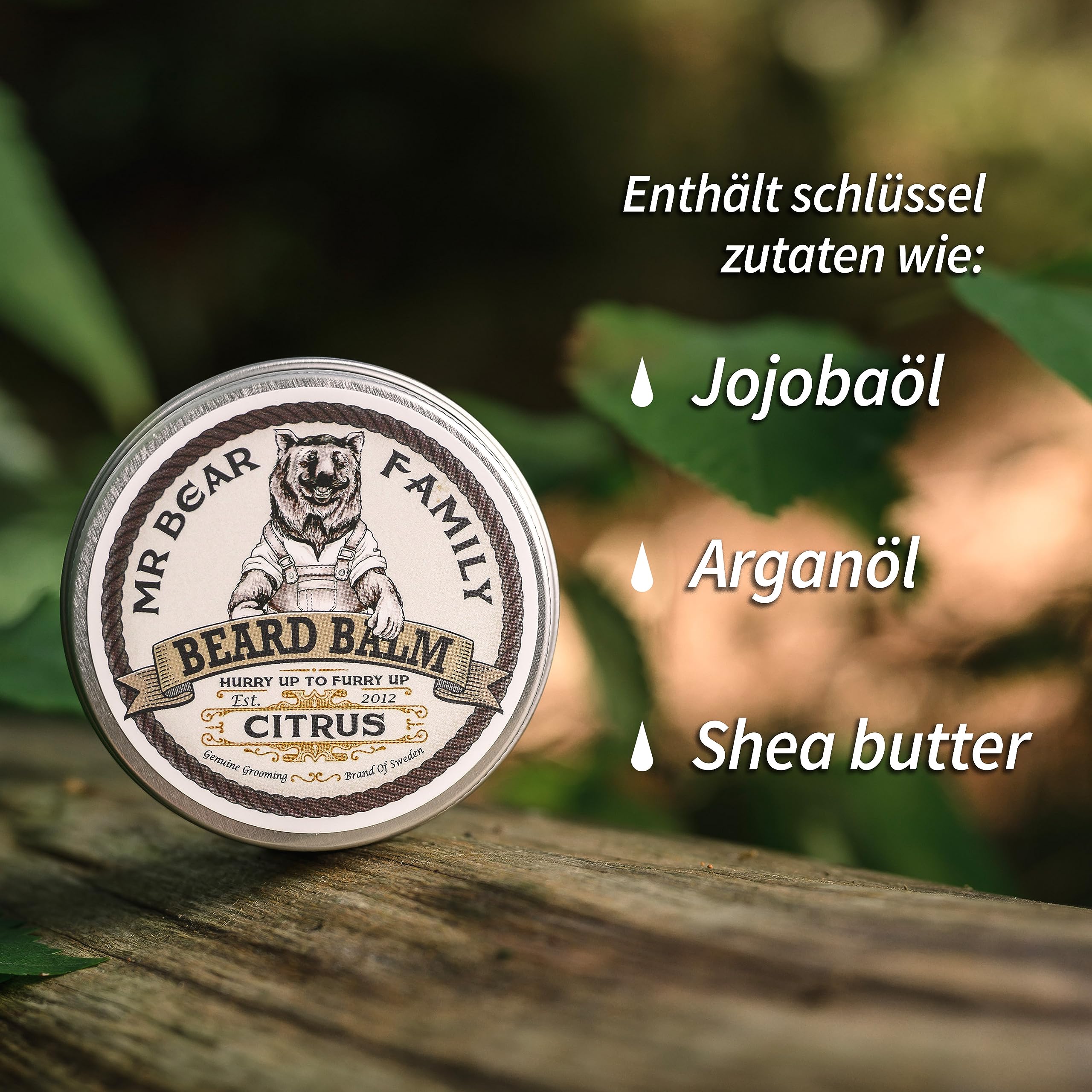 Mr Bear Family Bartbalsam Männer - Citrus - pflegender Bart Balsam - Bartwachs mit Shea Butter, Jojobaöl und Bienenwachs - Bartwichse Schnurrbart & Vollbart Bart Styling - Beard Balm 60ml