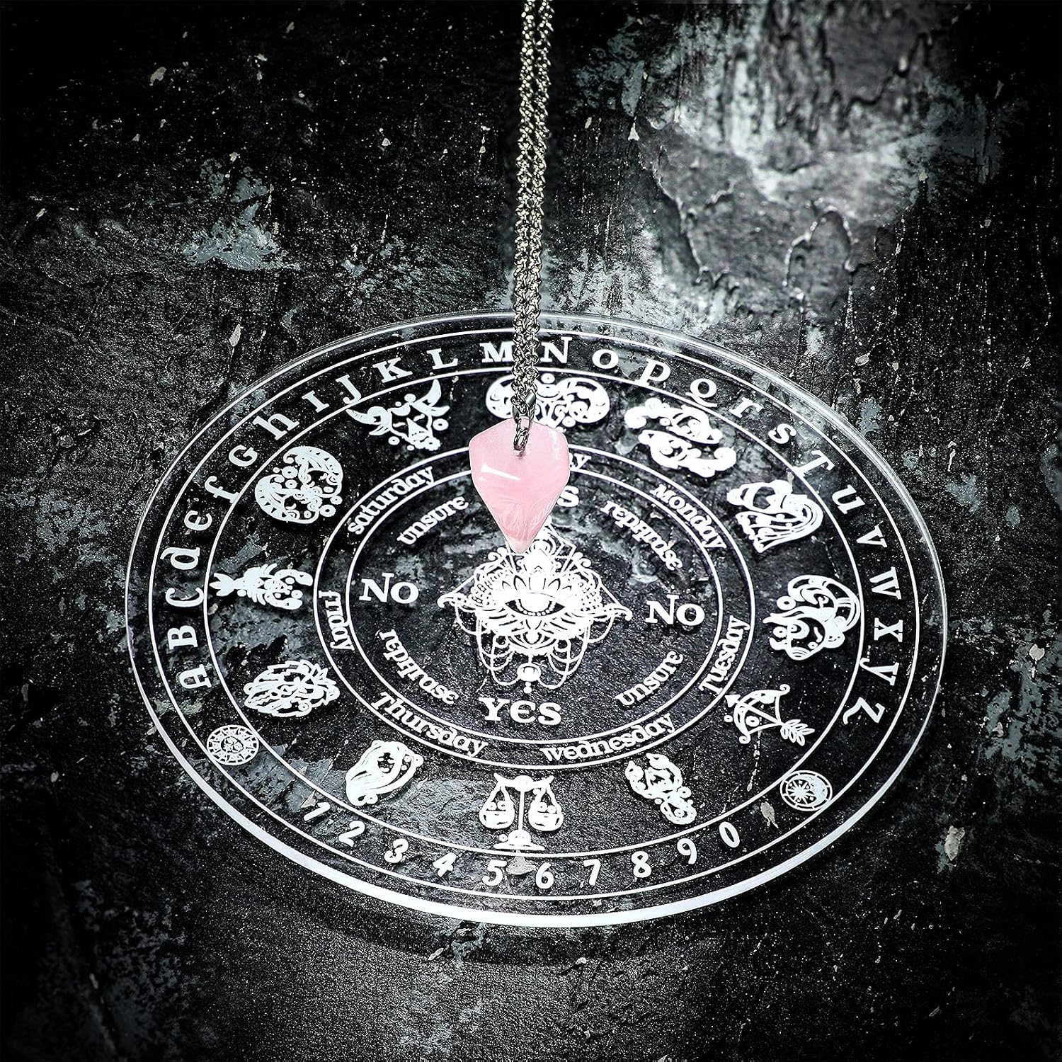 Acrylic Pendulum Board for Divination Acrylic Clear Divination Metaphysical Message Carven Pendulum Board Set with a Crystal Dowsing Pendulum Necklace for Witchcraft Wiccan Altar Supplies