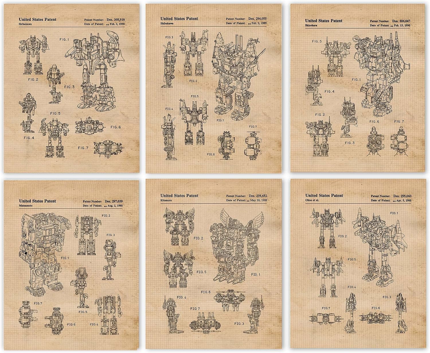 Classic Combiner Robot Patent Prints, 6 (8x10) Unframed Photos, Wall Art Decor for Home Transformer Tech Work Office ComicCon Studio Garage Toy Shop College School Student Teacher Coach