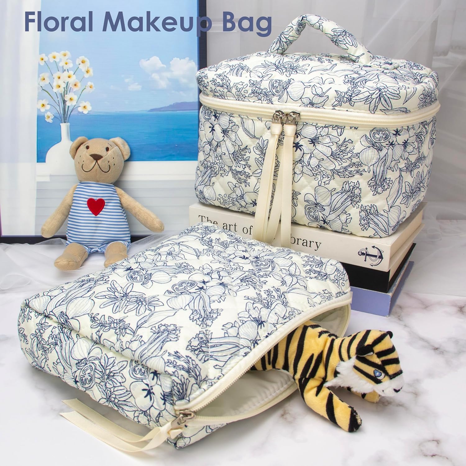 PAZIMIIK Quilted Makeup Bag Large Travel Zipper Soft Cosmetic Case for Women Girls Make Up,Flower White - Image 5