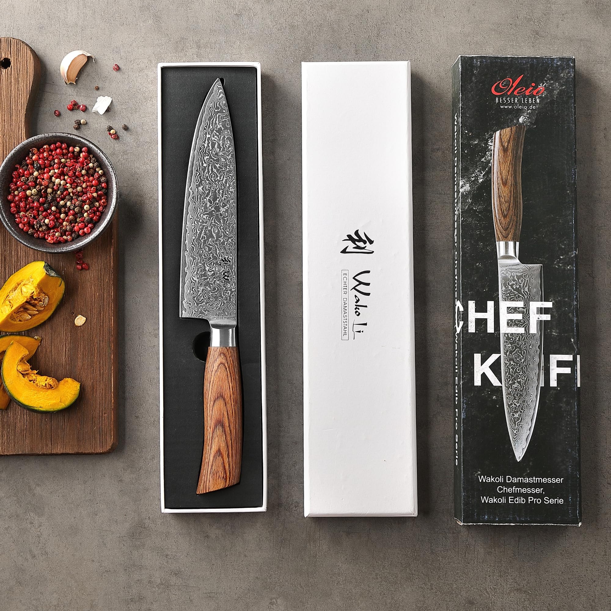 WAKOLI EDIB Pro Couteau Chef de Cuisine Professionnel en Acier Damas 20 cm | lame à 67 couches avec noyau VG10, manche ergonomique en bois de pakka, tranchant précis, pour émincer, hacher et découper