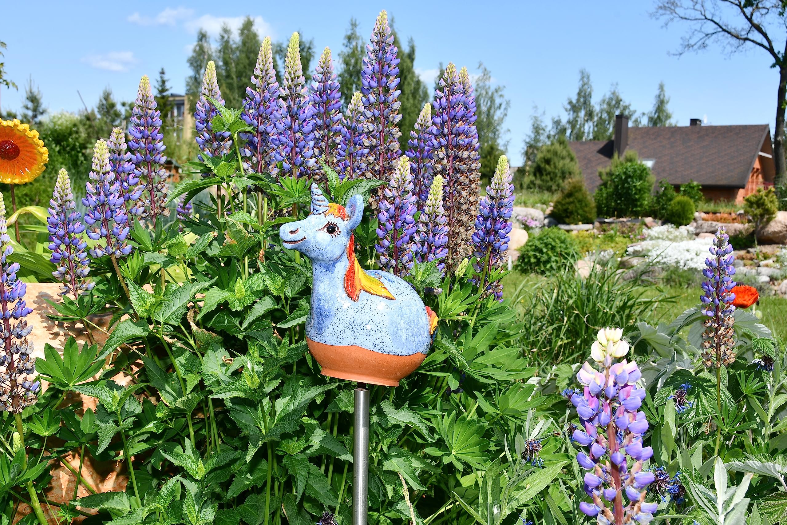 Gartenstecker Keramik Handgefertigt - Gartendeko für Draußen Wetterfest - Garten Deko Keramik - Gartenfiguren & Gartenstatuen - Einhorn
