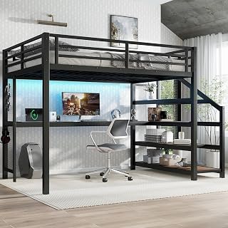 Metal Full Size Loft Bed with Desk and Storage Stairs,Heavy Duty Loft Bed Frame Full Size with LED Lights and Charging Station for Kids,Teens,Adults,Black