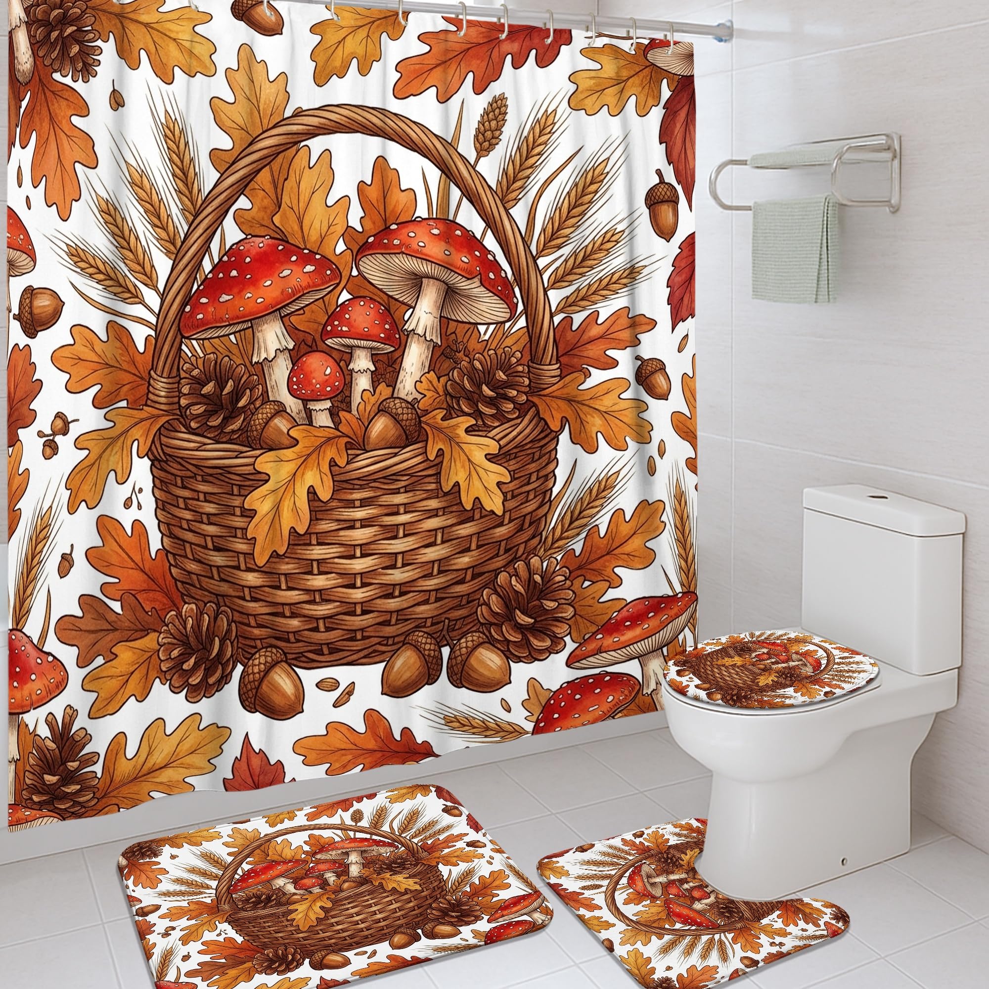 Rideau de douche chic motif champignon et tapis de bain grand confort