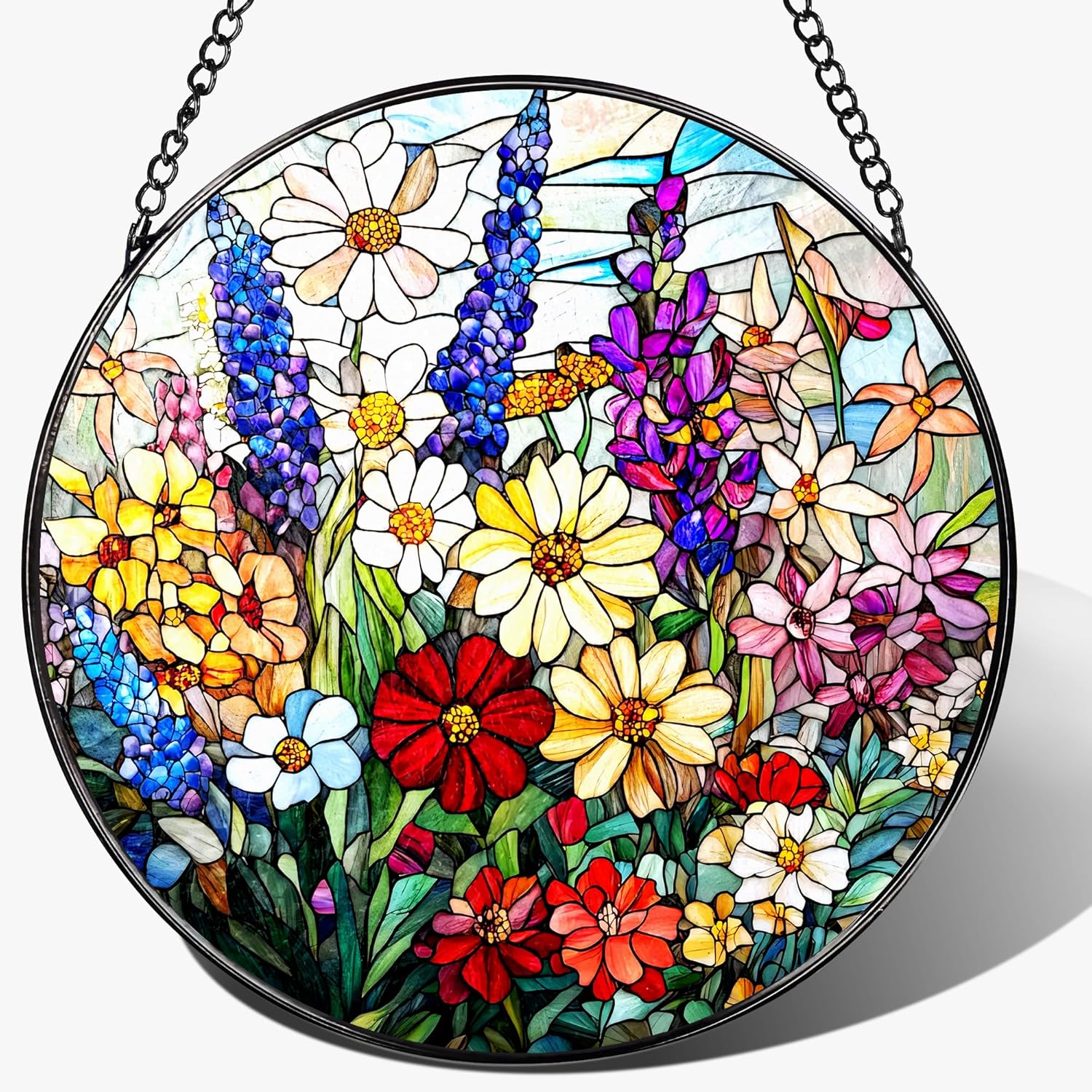 Stained Glass Window Hanging, 8 Inch Wildflower Stained Glass Suncatcher, Suncatchers for Windows Hanging, Wildflower Window Decor, Florist Gift, Flower Lover Gifts, Gifts for Mom, Grandma