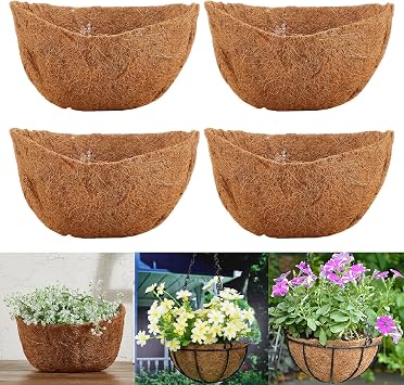 4 pcs Coco Liners for Planters, Replacement Hanging Basket Liners, Durable Coconut Insert for Garden Outdoor Railing Flower PotsRound,12 Inches