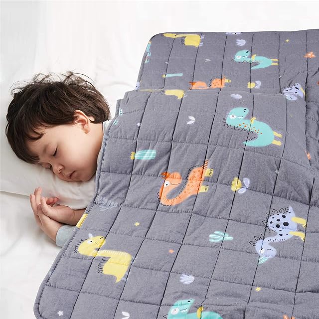 ROSMARUS Kids Weighted Blanket for Children (2.2kg, 122X91cm),100% Natural Cotton Heavy Blanket for Sleep Therapy,Anxiety Autism Stress Relief Quilted Throw with Safe Glass Beads, Dinosaur-Grey